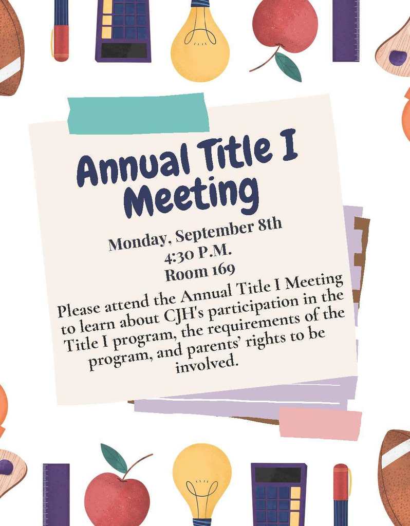 Crockett Jr. High Title I Meeting will be Monday, September 8 at 4:30PM in Room 169.