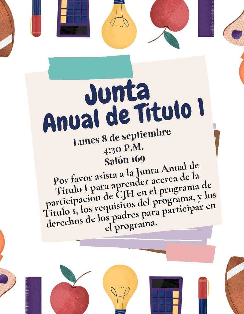 Crockett Jr. High Title I Meeting will be Monday, September 8 at 4:30PM in Room 169.