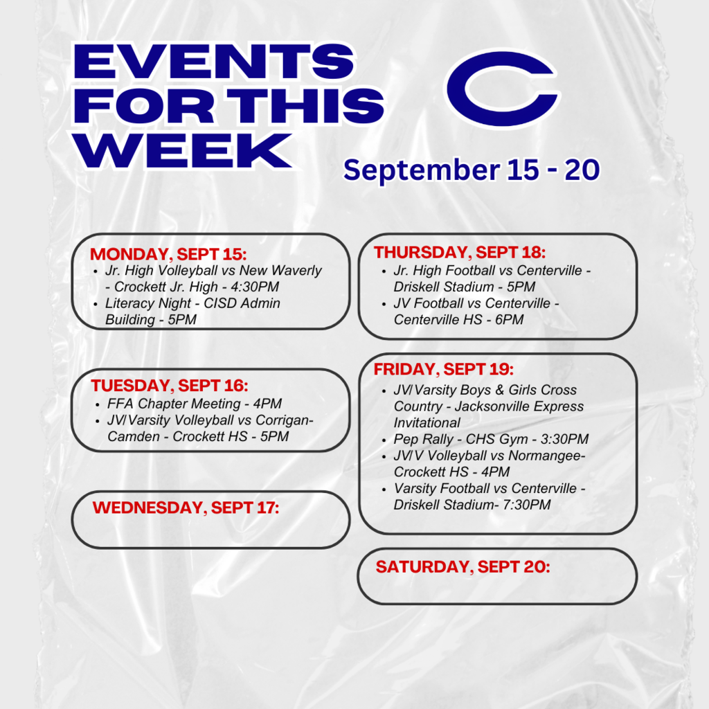 Crockett ISD Weekly Events for September 15-20, 2025
