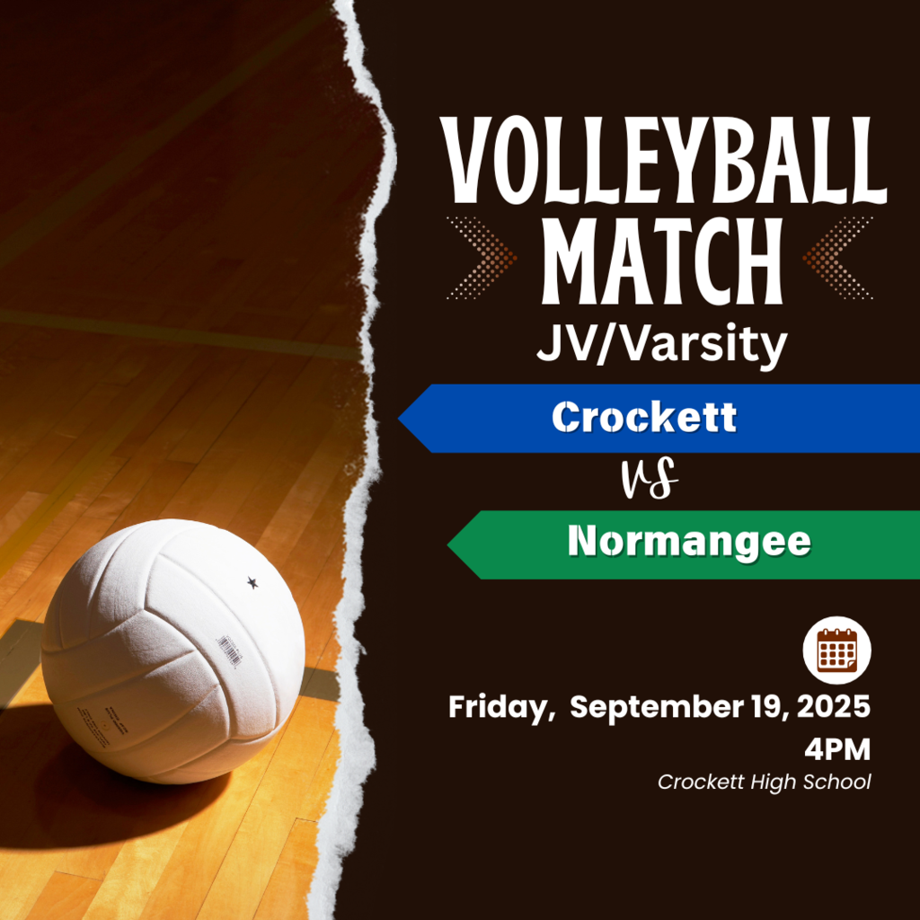 Crockett JV/Varsity Volleyball are set to play against Normangee at Crockett High School on Friday, September 19, 2025 at 4PM.