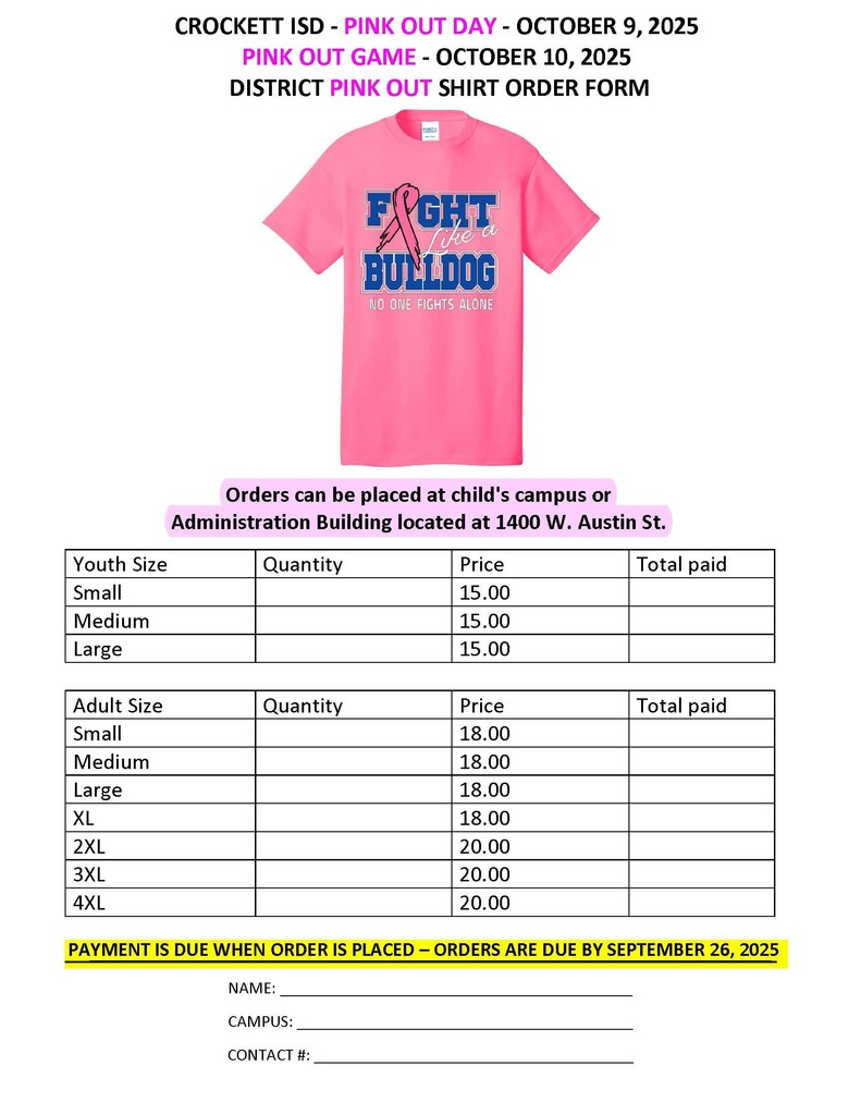 Pink Out 2025 TShirt Order Form