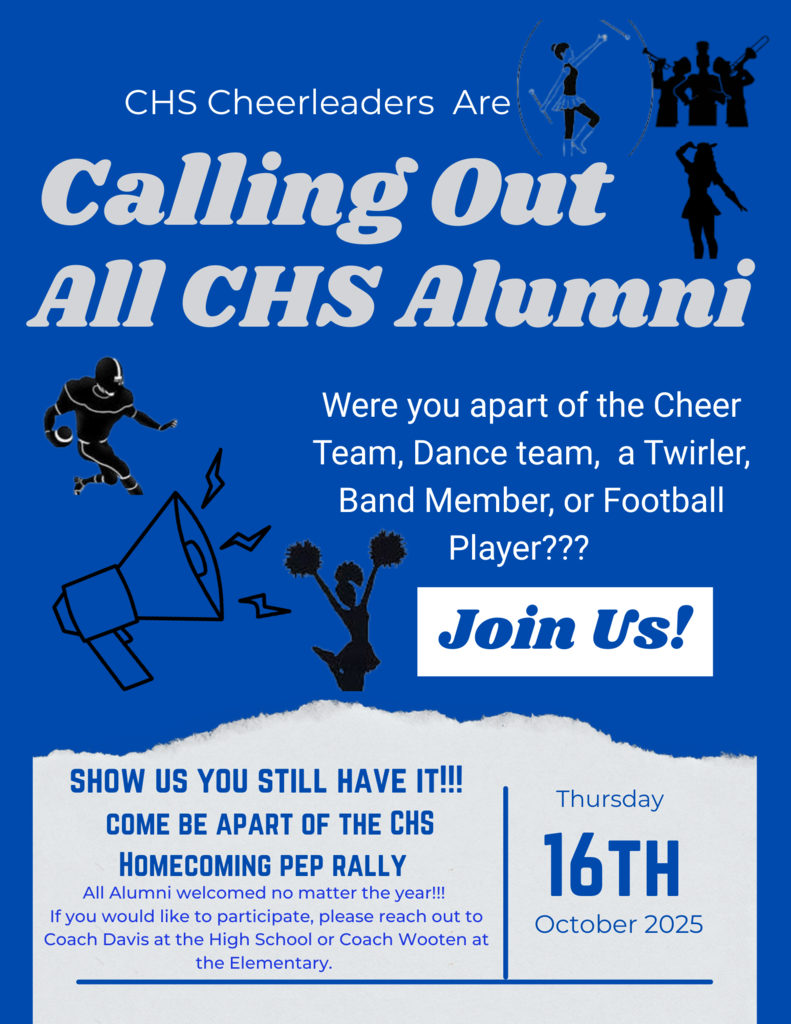 📣 Calling All CHS Alumni!  Were you part of Cheer, Dance, Twirler, Band, or Football during your time at Crockett High? Now’s your chance to relive the glory and show us—you’ve still got it! 💪🎉  Join the CHS Cheerleaders for our Homecoming Pep Rally on Thursday, October 16 at 3:30 PM in the CHS Gym. Then keep the celebration going at the Homecoming Parade on Friday, October 17!  Let’s bring the Bulldog spirit full circle and make this Homecoming unforgettable. We can’t wait to welcome you back! 🐾💙