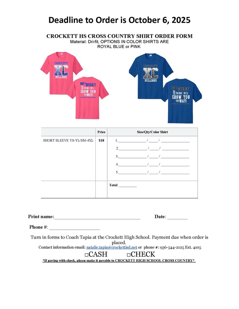 🏃‍♂️🏃‍♀️ Support the Crockett High School Cross Country Teams! Show your team spirit by purchasing an official Cross Country T-shirt!  🗓️ Order Deadline: October 6 📍 Submit your order form to Crockett High School 📧 Or email Coach Tapia at natalie.tapia@crockettisd.net 💵 Payment is due at the time of order  Don’t miss your chance to represent and support our runners—grab your shirt today!