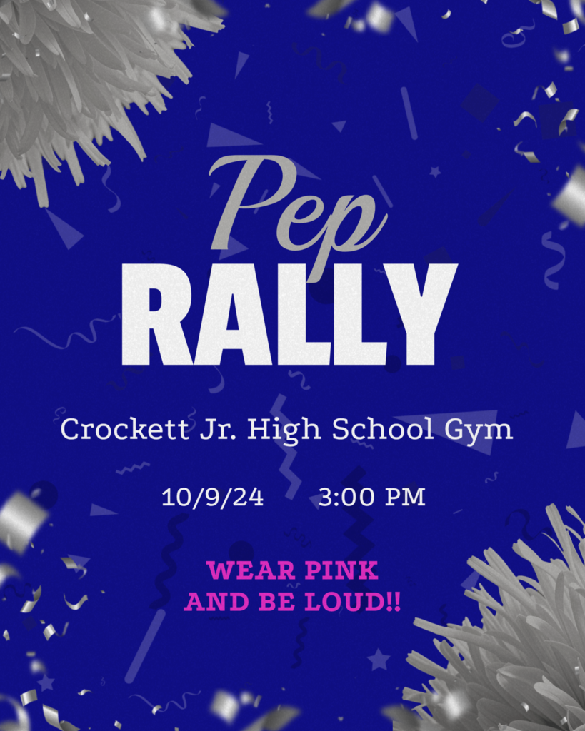 🎀 Pink Out Pep Rally – Crockett Jr. High 🎀 Let’s show our spirit and support the fight against breast cancer! 📅 Thursday, October 9, 2025 🕒 3:00 PM 📍 Crockett Jr. High Gym Wear your pink and bring the energy—it's time to rally together! 💗 #PinkOut #CrockettJH #BulldogPride #BreastCancerAwareness