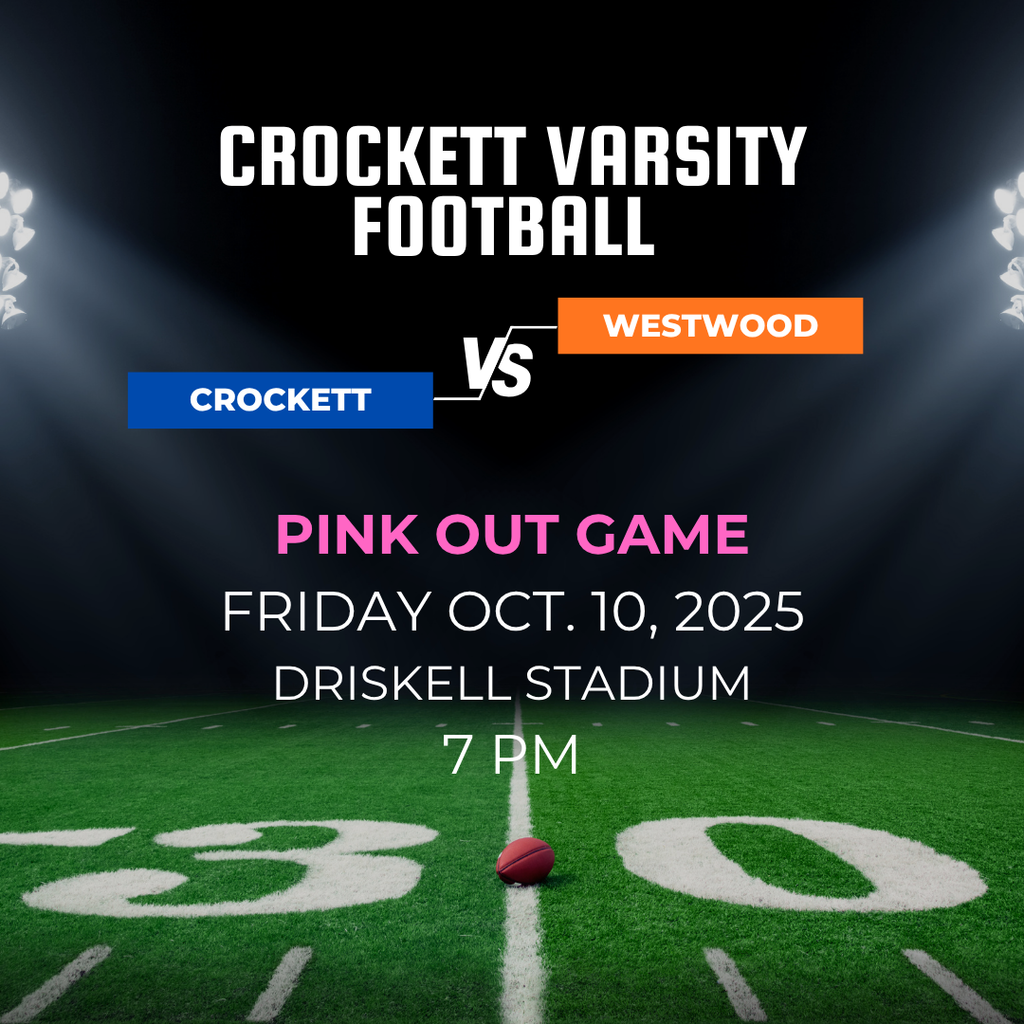 🎀🏈 Pink Out Game – Crockett Varsity Football! Join us for a powerful night of football and awareness as the Bulldogs take on Westwood! 📅 Friday, October 10, 2025 🕖 7:00 PM 📍 Driskell Stadium Wear pink, show your spirit, and help us tackle cancer together! 💗🐾 #CrockettISD #VarsityFootball #PinkOut #BulldogPride #TackleCancer