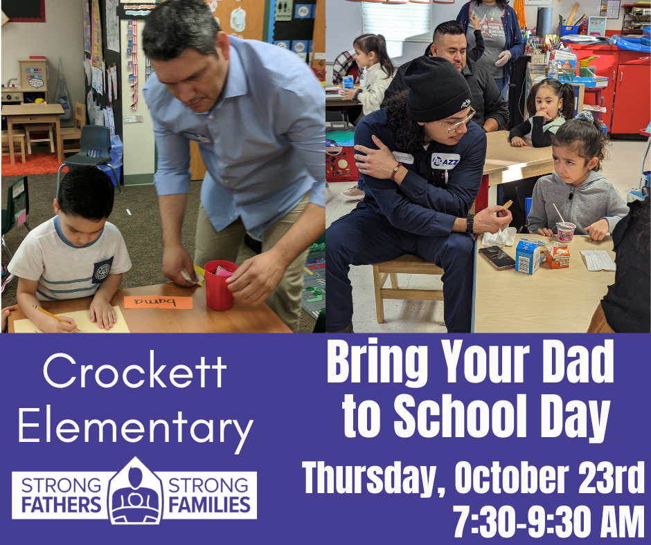 🎉 Exciting news from Crockett Elementary! 🎉  We're thrilled to invite all dads (or mom, grandparent or guardian) to our "Bring Your Dad to School Day" on October 23, 2025. ⏰ Time: 7:30 AM – 9:30 AM Come share a fun morning filled with smiles, memories, and quality time with your kids. Don’t miss out!