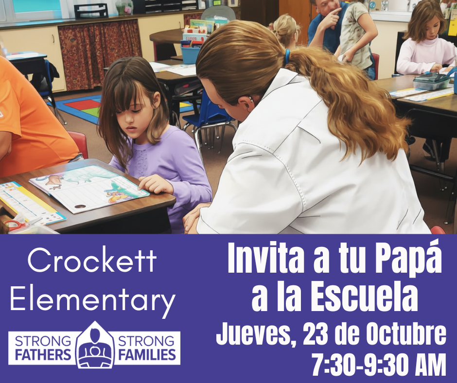 🎉 Exciting news from Crockett Elementary! 🎉  We're thrilled to invite all dads (or mom, grandparent or guardian) to our "Bring Your Dad to School Day" on October 23, 2025. ⏰ Time: 7:30 AM – 9:30 AM Come share a fun morning filled with smiles, memories, and quality time with your kids. Don’t miss out!