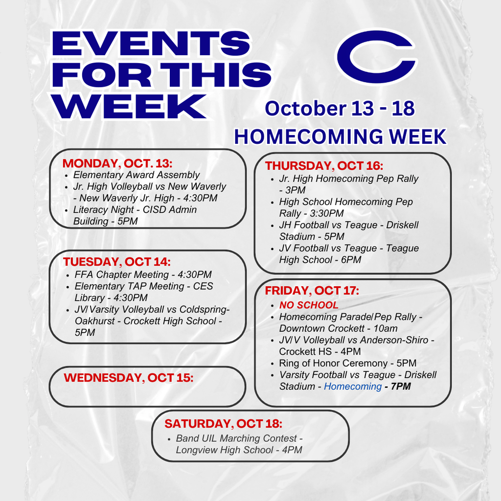 Crockett ISD Homecoming Week Oct 13 - 18, 2025
