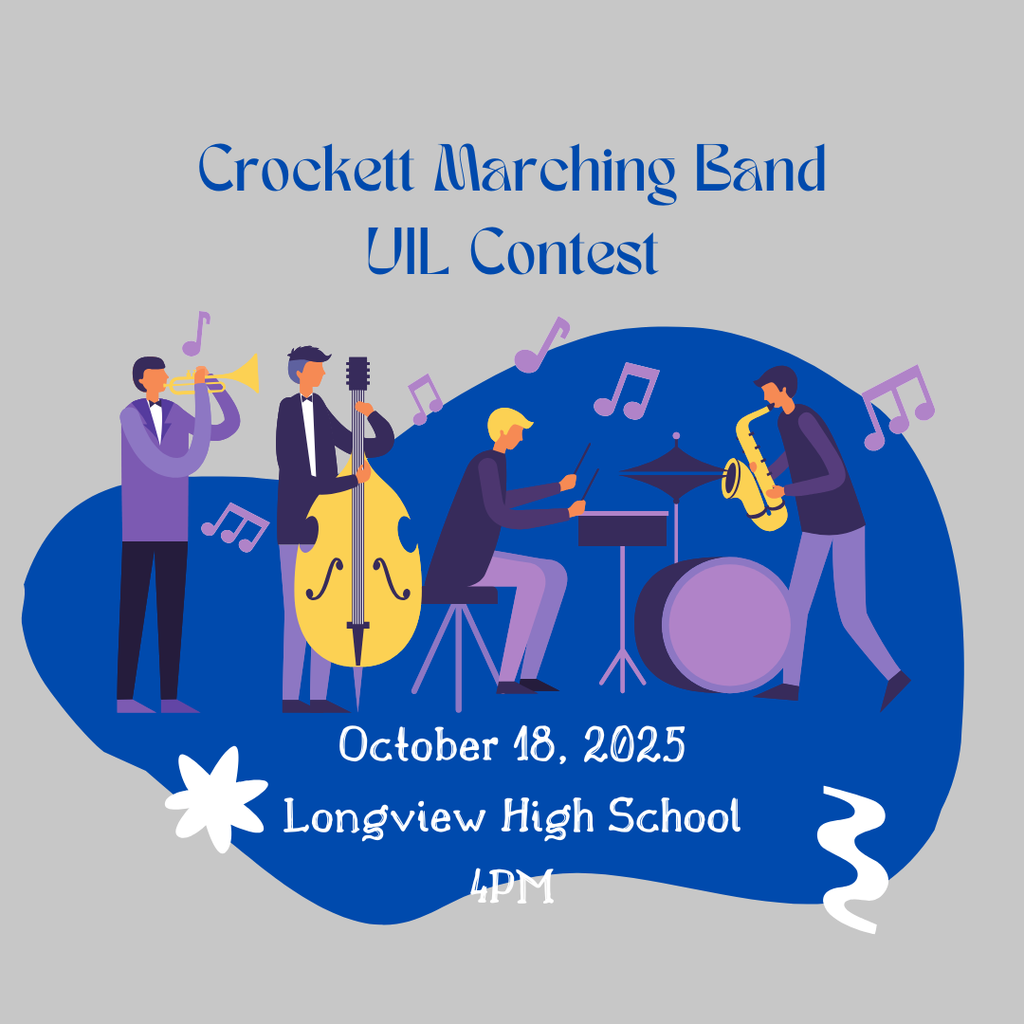The Crockett High School Marching Band is headed to Longview to compete in the UIL Contest on October 18, 2025!  We’re so proud of our talented musicians and all the hard work they’ve put in. Let’s cheer them on as they represent Crockett with rhythm, precision, and Bulldog pride! 💙🐾