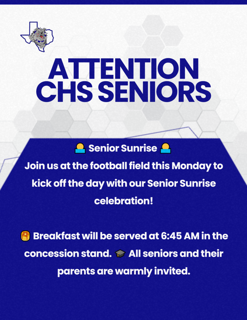 🌅 Senior Sunrise 🌅 Join us at the football field this Monday to kick off the day with our Senior Sunrise celebration! 🥞 Breakfast will be served at 6:45 AM in the concession stand. 🎓 All seniors and their parents are warmly invited.