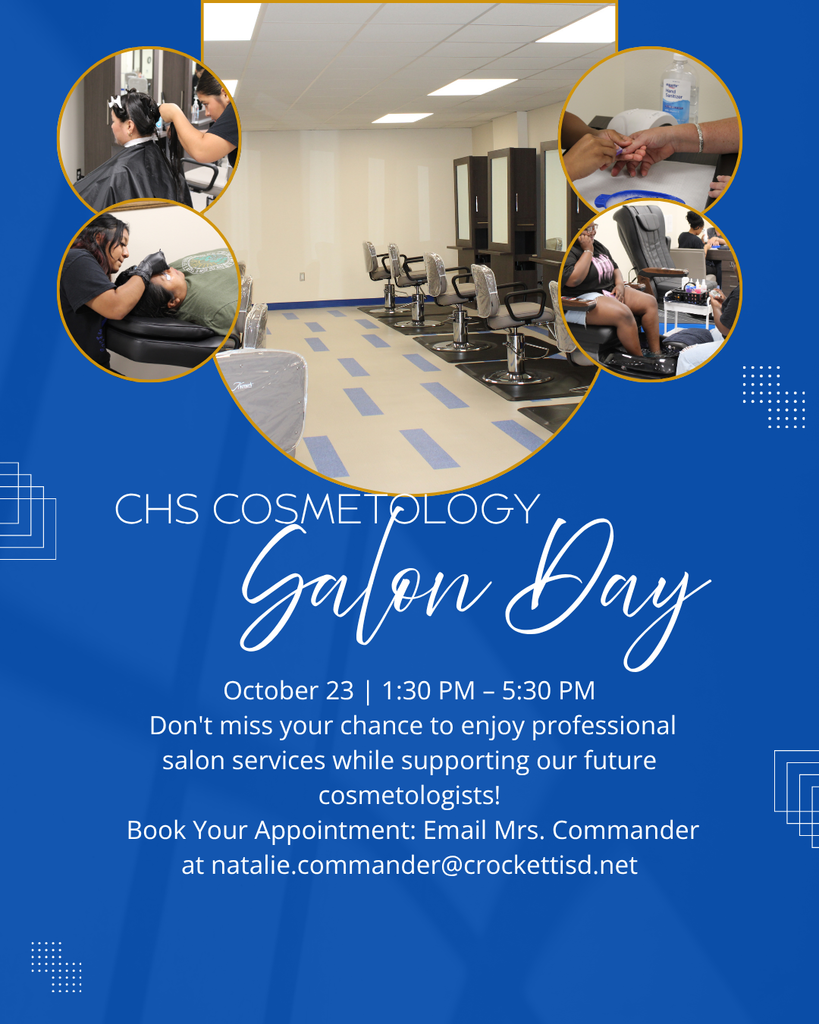 💇♀️✨ Salon Day is Back at CHS Cosmetology! ✨💇♂️ Mark your calendars for October 23 from 1:30 PM – 5:30 PM and treat yourself to professional salon services — all while supporting our talented future cosmetologists! 📅 Appointments are limited! 📧 Book yours today by emailing Mrs. Commander at: natalie.commander@crockettisd.net Come for the style, stay for the smiles 💖