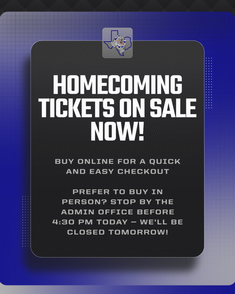 🎉🏈 Homecoming Game Alert! Secure your spot in the stands and cheer on your team — grab your tickets now! 🎟️ Buy online for a quick and easy checkout: 👉 Click here to purchase Prefer to buy in person? Stop by the Admin Office before 4:30 PM today — we’ll be closed tomorrow!