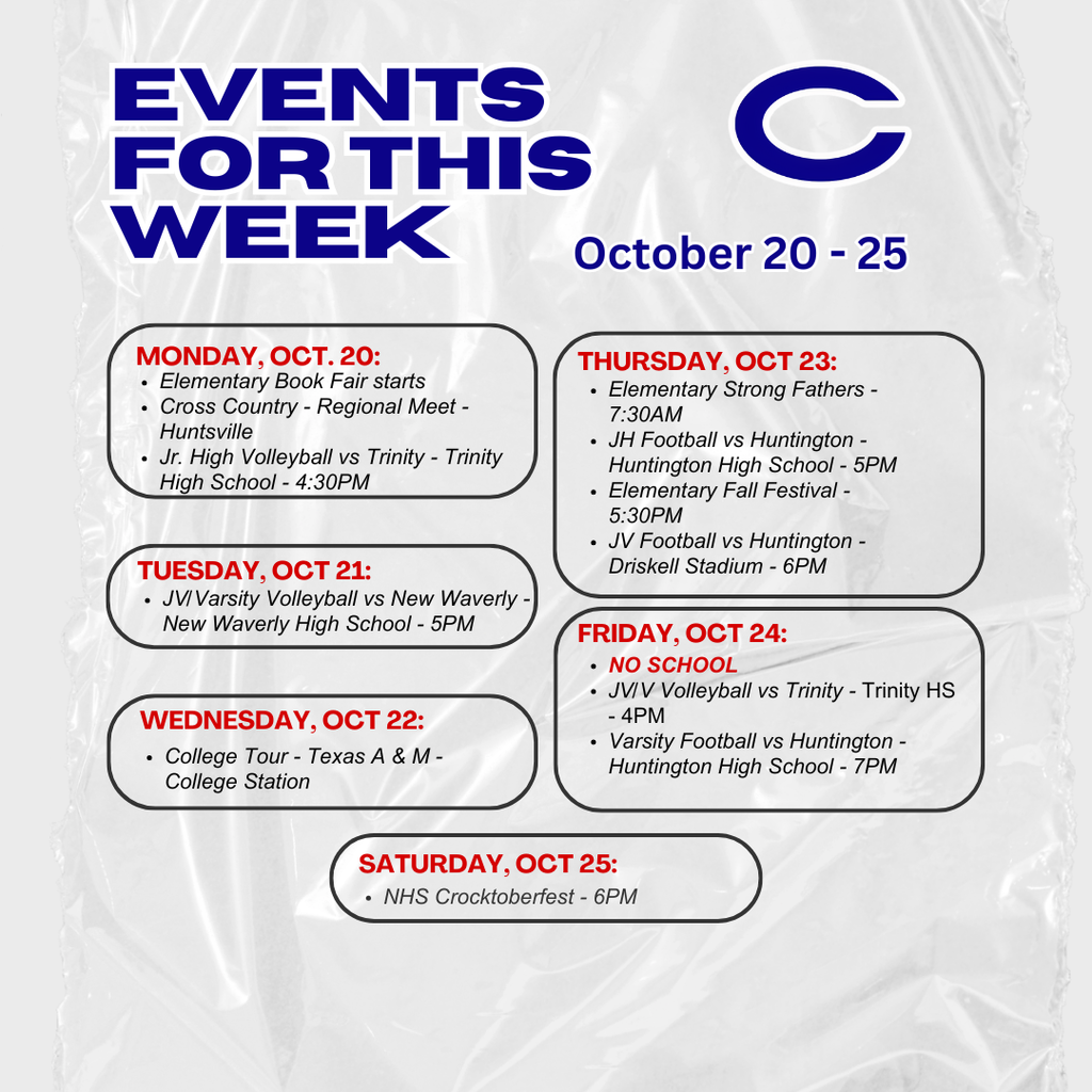 Crockett ISd Weekly Event October 20-25
