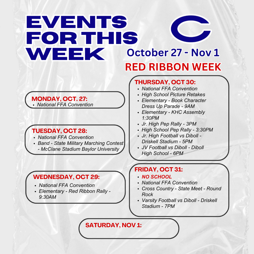 Crockett ISD Weekly Events October 27 - November 1, 2025  - subject to change