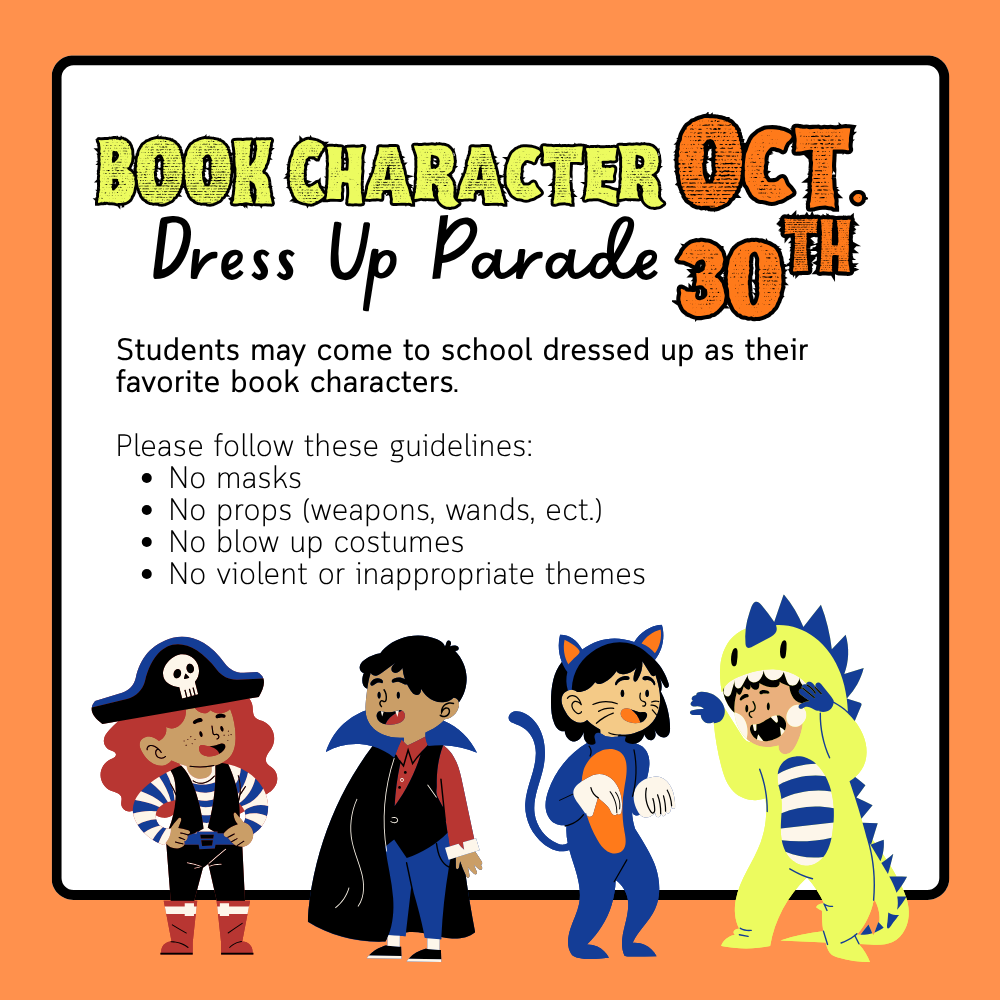 📚✨ Calling all book lovers at Crockett Elementary! ✨📚  Join us for our Book Character Dress-Up Parade on October 30 at 9:00 AM! Students are invited to dress as their favorite book characters and bring those stories to life! 🎭📖  👕 Costume Guidelines:  No masks  No props (weapons, wands, etc.)  No blow-up costumes  No violent or inappropriate themes  Let’s celebrate reading with creativity, imagination, and school spirit! 🎉