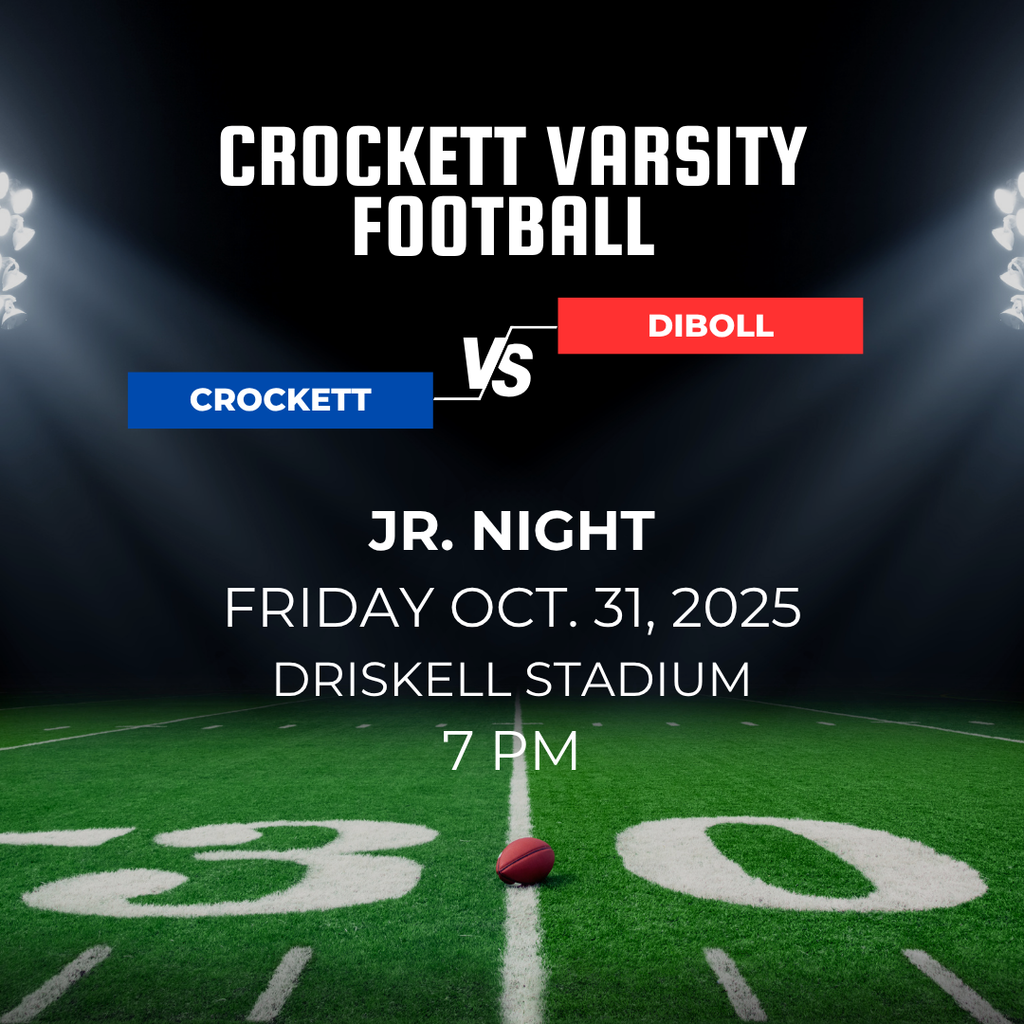 🏈🎃 Friday Night Lights meets Halloween weekend! 🎃🏈  Crockett Varsity Football takes the field at home against Diboll on October 31 at 7:00 PM at Driskell Stadium! Come out in your Bulldog gear and help us light up the stands with spirit and support! 🐾🔥  Let’s make this a night to remember — Go Bulldogs!