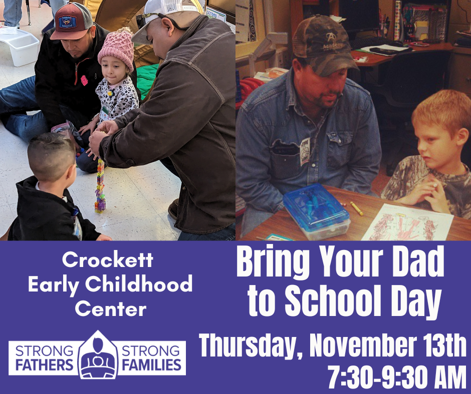🎉 Exciting news from Crockett Early Childhood! 🎉 We're thrilled to invite all dads (or mom, grandparent or guardian) to our "Bring Your Dad to School Day" on October 23, 2025. ⏰ Time: 7:30 AM – 9:30 AM Come share a fun morning filled with smiles, memories, and quality time with your kids. Don’t miss out!