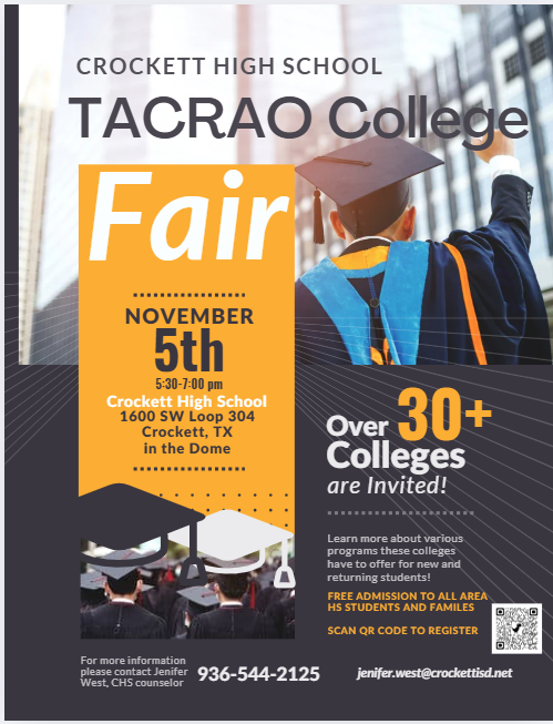 🎓 The Crockett ISD College Fair is right around the corner! Join us on November 5 at 5:30 PM at The Dome for an exciting evening of opportunities, information, and inspiration. Whether you're exploring options or ready to take the next step, this event is for YOU. Don't miss it — we can't wait to see you there! 💼📚 #CrockettISD #CollegeFair2025 #FutureReady