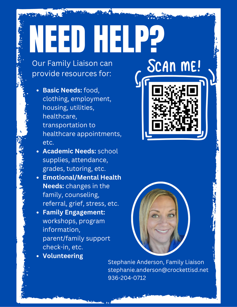 📣 Did you know Crockett ISD has a Family Liaison? We sure do! Meet Stephanie Anderson, your go-to resource for parental support and family services. Whether you're looking for guidance, tools, or connections, she's here to help. 📧 Reach out by email or give her a call to learn how she can support you and your family!