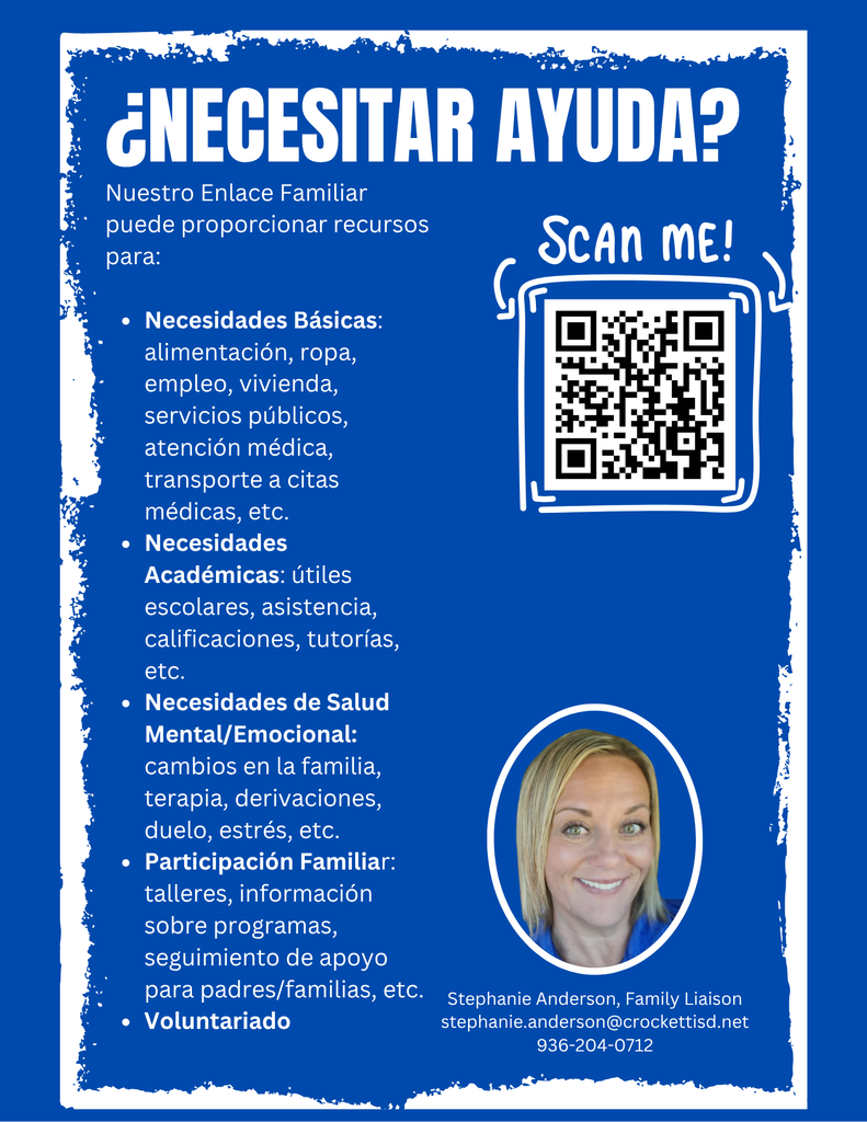 📣 Did you know Crockett ISD has a Family Liaison? We sure do! Meet Stephanie Anderson, your go-to resource for parental support and family services. Whether you're looking for guidance, tools, or connections, she's here to help. 📧 Reach out by email or give her a call to learn how she can support you and your family!