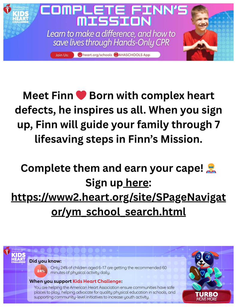 ❤️🏃‍♂️ ¡Actualización del Kids Heart Challenge! 🏃‍♀️❤️ ¡Crockett Early Childhood sigue avanzando con fuerza en el Kids Heart Challenge! Esta semana, animamos a todos nuestros pequeños héroes del corazón a completar la Misión de Finn — aprendiendo RCP con solo las manos y compartiendo consejos para una vida saludable.  🎯 ¡Vamos a seguir con el impulso! Motiva a tu hijo(a) a iniciar sesión, completar la Misión de Finn y ayudar a salvar vidas mientras se divierte. ¡Cada paso cuenta para un futuro más saludable!