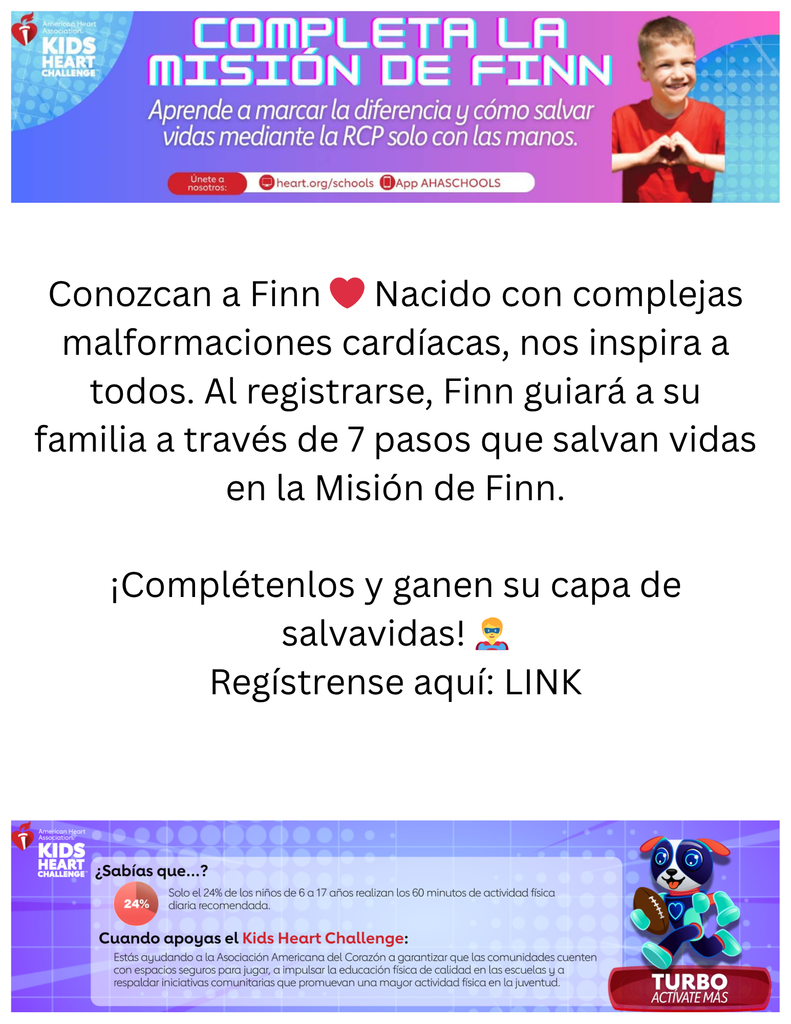 ❤️🏃‍♂️ ¡Actualización del Kids Heart Challenge! 🏃‍♀️❤️ ¡Crockett Early Childhood sigue avanzando con fuerza en el Kids Heart Challenge! Esta semana, animamos a todos nuestros pequeños héroes del corazón a completar la Misión de Finn — aprendiendo RCP con solo las manos y compartiendo consejos para una vida saludable.  🎯 ¡Vamos a seguir con el impulso! Motiva a tu hijo(a) a iniciar sesión, completar la Misión de Finn y ayudar a salvar vidas mientras se divierte. ¡Cada paso cuenta para un futuro más saludable!