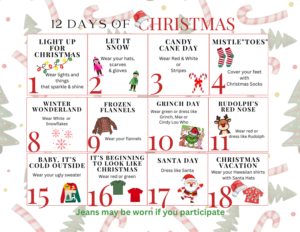 🎄✨ 12 Days of Christmas are almost here! Each day has a fun theme—so get ready to dress up, spread cheer, and show off your Bulldog pride. 🐾🎁  Don’t worry, we’re not rushing past the turkey 🦃—but we do want to give you a head start on planning those festive outfits. From silly sweaters to holiday hats, it’s all about celebrating together with laughter, joy, and school spirit!  📌 Check the flyer for details and start planning those festive looks! 🎅