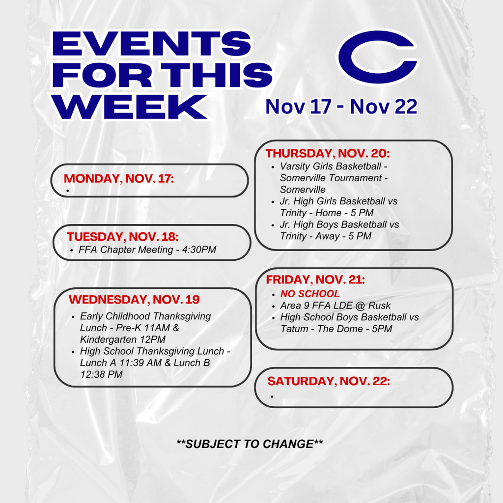 Crockett ISD Weekly Events for November 17 - 22, 2025.