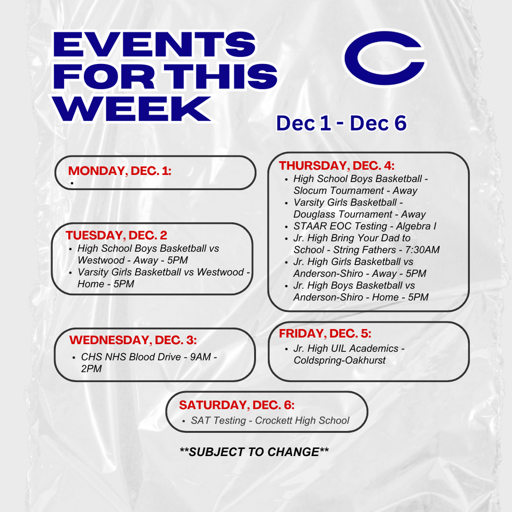 Crockett ISD Weekly Events for December 1 - 6, 2025.