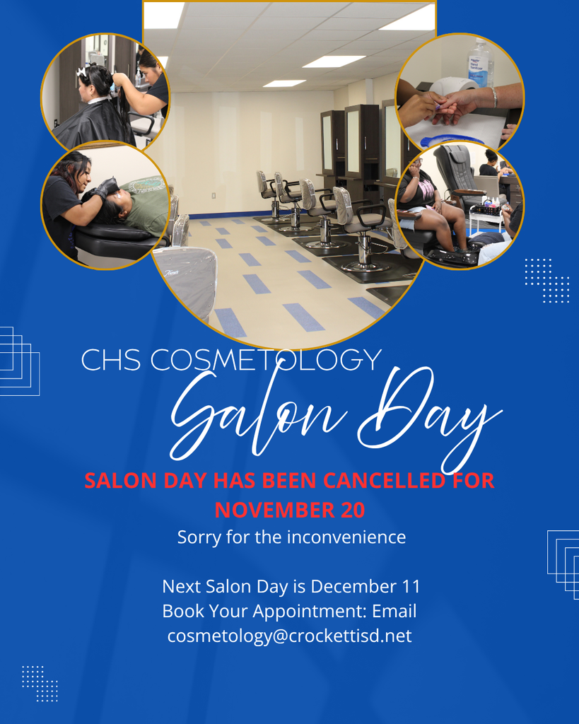 📢 Crockett Cosmetology Salon Day Update  We regret to inform you that Salon Day scheduled for November 20 has been cancelled. We apologize for any inconvenience this may cause.  ✨ The next Salon Day will be held on December 11. 📅 Reserve your spot now by emailing cosmetology@crockettisd.net. Thank you for your understanding—we look forward to seeing you in December! 💇‍♀️💅