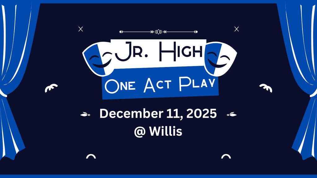 🎭 Crockett Jr. High One Act Play Competition 📅 Thursday, December 11, 2025 Our talented Jr. High students will be taking the stage for the One Act Play competition. Let’s cheer them on and wish them the best of luck as they showcase their hard work and creativity! 🌟👏