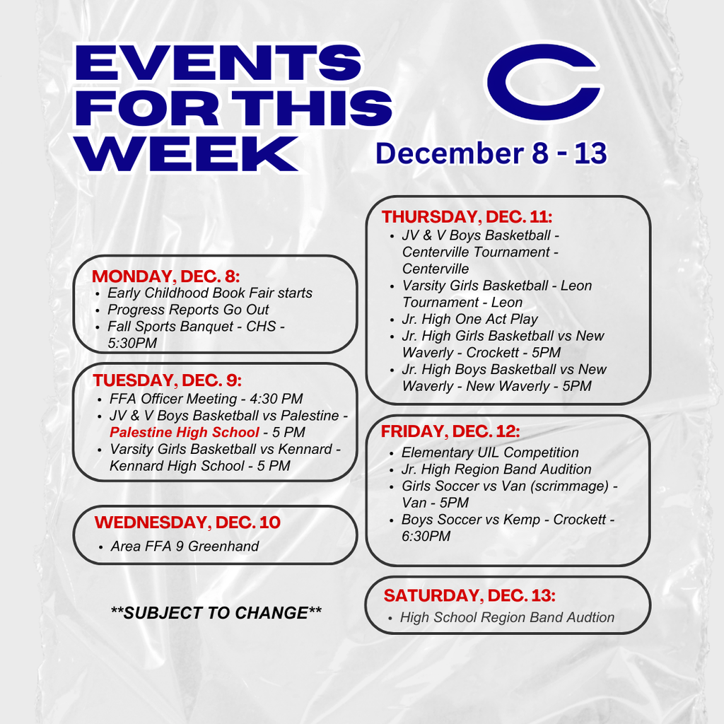 Crockett ISD Weekly Events for December 8 - 13, 2025