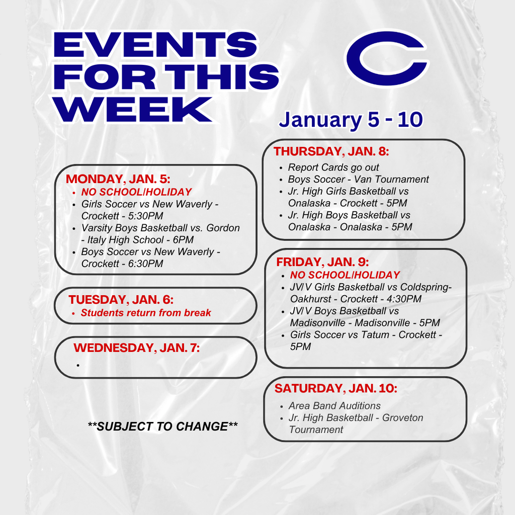 CISD Weekly Events January 5-10, 2026
