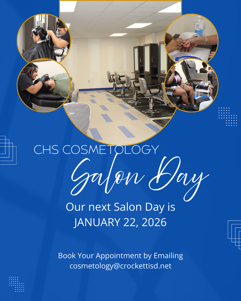 ✨ Salon Day is coming up! ✨ Crockett Cosmetology will be hosting Salon Day on Thursday, January 22, and our talented students are excited to help you look and feel your best.  To book your appointment, email cosmetology@crockettisd.net. Spots fill quickly—don’t miss out!
