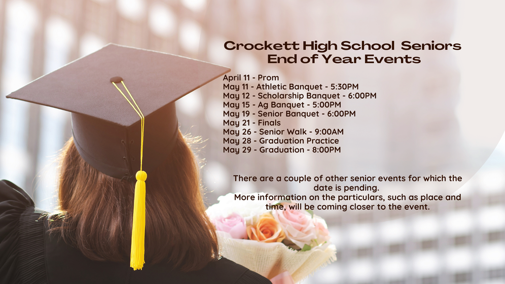🎓 Attention Crockett High School Seniors!  Big moments are on the horizon as we move closer to Graduation. Stay in the loop by visiting our Senior Happenings page for all the important dates, deadlines, and announcements you won’t want to miss.  🔗 https://www.crockettisd.net/page/senior-happenings  Let’s finish strong, Bulldogs! 💙🐾