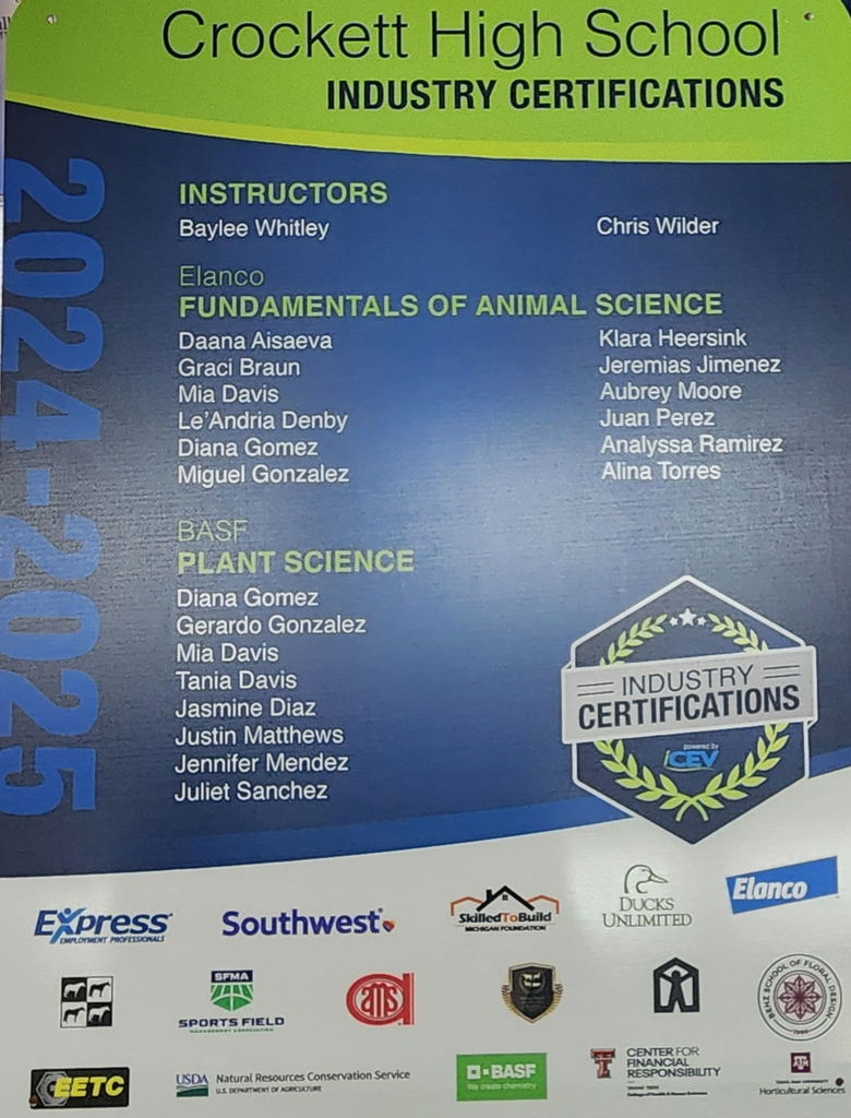 Crockett High School is proud to celebrate our FFA students, who were recognized today by iCEV for their outstanding achievements in Industry Certifications. Their hard work, dedication, and commitment to career readiness continue to shine. Congratulations to all of our award recipients — you make Bulldog Nation proud!