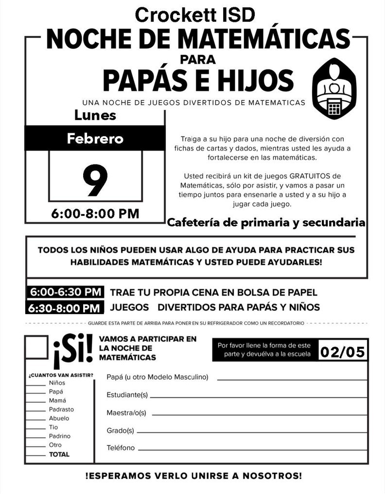 📣 Dad & Kid Math Night! Crockett Elementary is excited to host a special Dad & Kid Math Night on February 9, 2026, from 6–8 PM in the Elementary/Jr. High Cafeteria. Bring your own brown bag supper and enjoy an evening of fun, learning, and quality time together. It’s a great chance to help your child build confidence and sharpen their math skills in a relaxed, hands-on setting. We can’t wait to see you there!