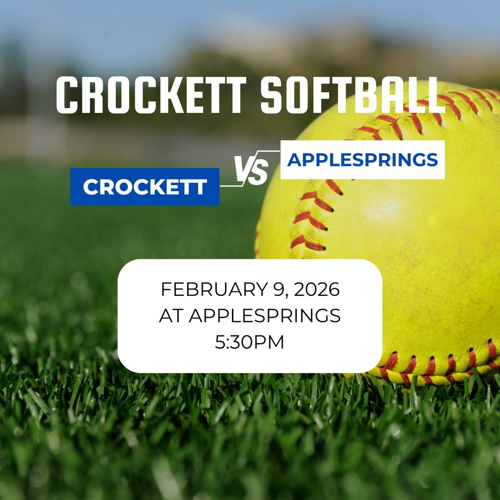 Crockett Softball will take on Apple Springs on February 9, 2026, at 5:30 p.m. in Apple Springs. Let’s go, Lady Bulldogs! 🥎