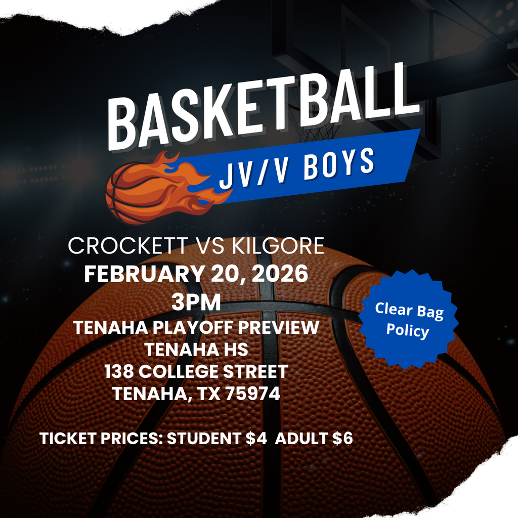 🏀 Game Day Alert! The Crockett Boys Basketball team will take on Kilgore in the Tenaha Playoff Preview tomorrow, February 20, 2026, at 3 PM. 📍 Location: Tenaha High School 🎟️ Tickets: $4 Students • $6 Adults Come out and support the Bulldogs as they gear up for playoff action!