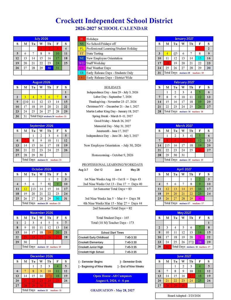 The Crockett ISD 2026–2027 School Calendar has officially been approved! We’re excited to share the key dates and look forward to another great year of learning, growth, and community. 
