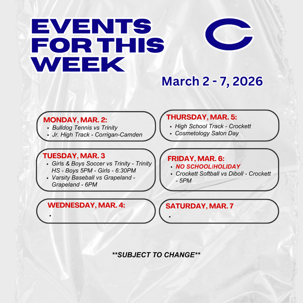 Crockett ISD Weekly Events Mar 2 - 7, 2026