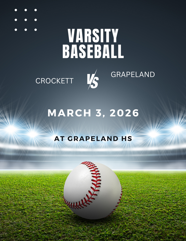 Crockett Varsity Baseball is back on the diamond! ⚾ The Bulldogs will face Grapeland on March 3, 2026 at 6 PM. The matchup will take place at Grapeland High School. Come out and support our team on the road!