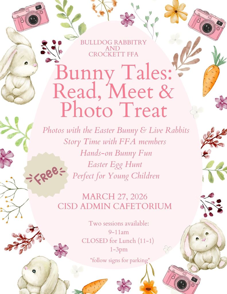 Storytime, bunnies, and the Easter Bunny… oh my! 🐇💛 Join us for Bunny Tales on March 27, 2026 at the Administration Cafetorium. Two sessions to choose from: 9–11 AM or 1–3 PM. Come read, meet adorable rabbits, and snap a photo with the Easter Bunny! 📸🌷