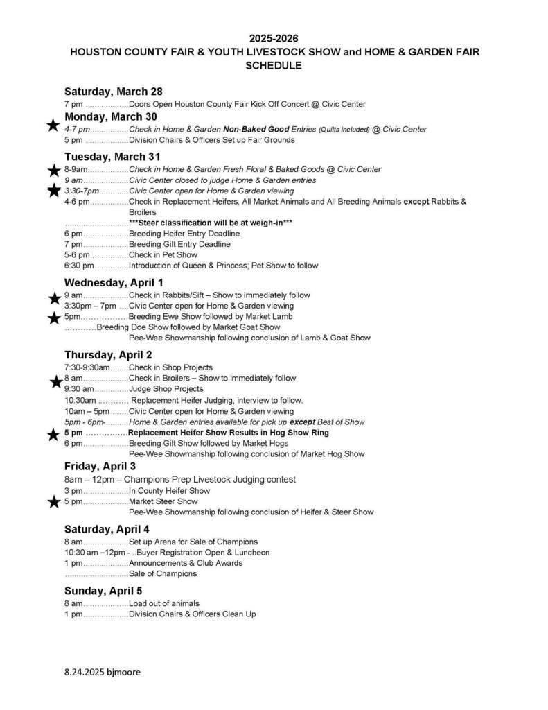 🎡 The Houston County Fair is almost here!   We want to make sure you don’t miss a moment of the fun. Check out the full schedule of events in the attachment so you can plan your visit and enjoy everything the fair has to offer!