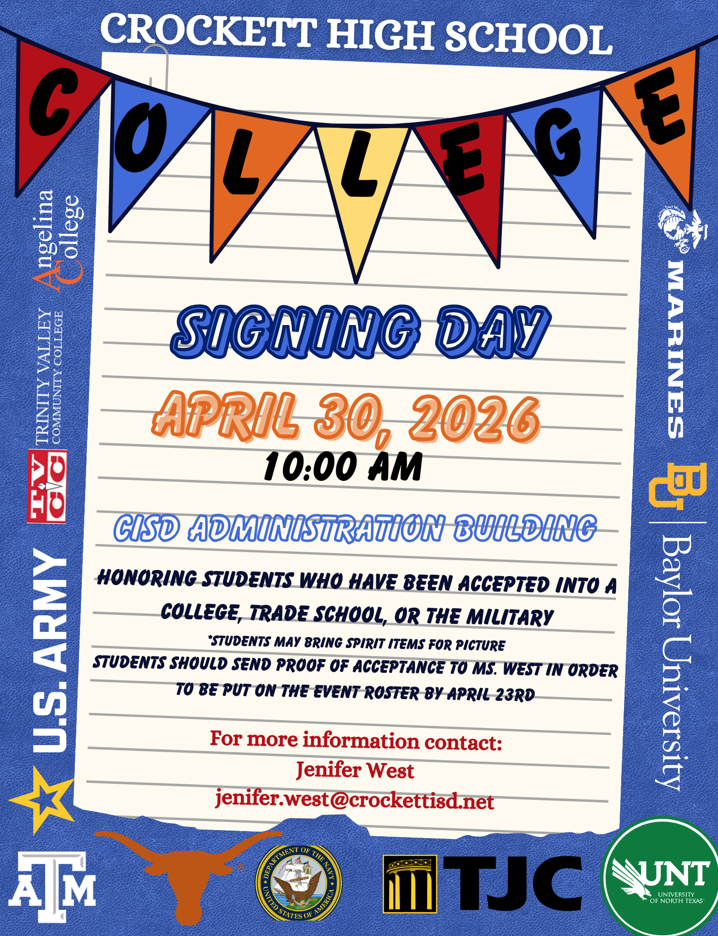 🎉 Hey Seniors!   It’s time to celebrate the Class of 2026! CHS is hosting a College Signing Day—check out the flyer for details.  📸 Photos will be shared on the CISD site and local media 👨‍👩‍👧 Invite your family + college rep 🎓 Tables + blue/white cloth provided 💙 Bring decorations or wear your college gear (optional)  📅 April 30 • 10 AM  To be added to the roster, email Ms. West your college acceptance or bring her a copy.