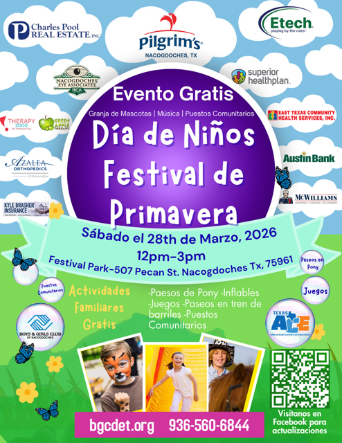 🌼 Springfest is coming to Nacogdoches! 🌼 The Boys & Girls Club is hosting a Days for Kids Springfest on Saturday, March 28, 2026, from 12 PM to 3 PM. Bring the family out for an afternoon of fun, community, and celebration. Mark your calendars — you won’t want to miss it!