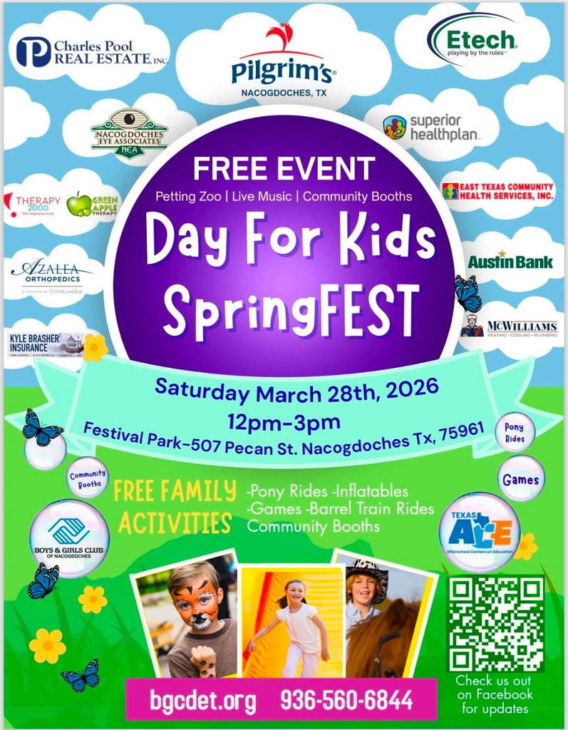 🌼 Springfest is coming to Nacogdoches! 🌼 The Boys & Girls Club is hosting a Days for Kids Springfest on Saturday, March 28, 2026, from 12 PM to 3 PM. Bring the family out for an afternoon of fun, community, and celebration. Mark your calendars — you won’t want to miss it!