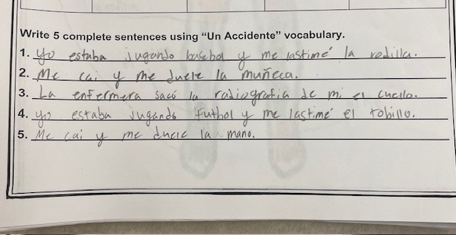 In Spanish 2, students recently completed the lesson “Un Accidente,” where they expanded their vocabulary by learning and identifying body parts in Spanish. They also strengthened their writing skills by describing injuries and labeling parts of the body using correct grammar and spelling. We are proud of their dedication, participation, and continued growth in developing their language proficiency. ¡Buen trabajo, estudiantes! 👏
