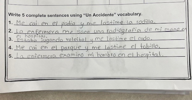In Spanish 2, students recently completed the lesson “Un Accidente,” where they expanded their vocabulary by learning and identifying body parts in Spanish. They also strengthened their writing skills by describing injuries and labeling parts of the body using correct grammar and spelling. We are proud of their dedication, participation, and continued growth in developing their language proficiency. ¡Buen trabajo, estudiantes! 👏