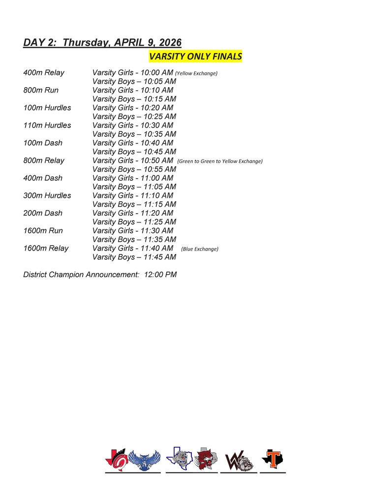 🏃♂️🏃♀️ Crockett High School Track is hosting District! Our Bulldogs will compete here at Crockett for the District Meet on April 8–9, 2026. 📄 Please see the attached schedule for event times. Come out and support our athletes as they race, jump, and throw their way to the top. Go Bulldogs!